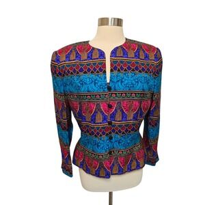 Adriana Pappel 100% Silk Blazer Jacker Womens Size 14 Bold 90s Vintage Peplum